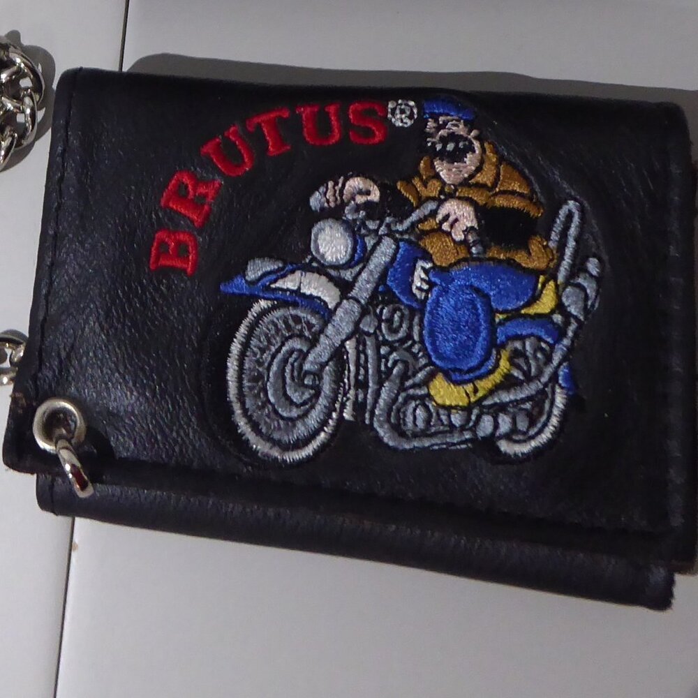 Brutus on motorcycle leather trifold wallet with chain